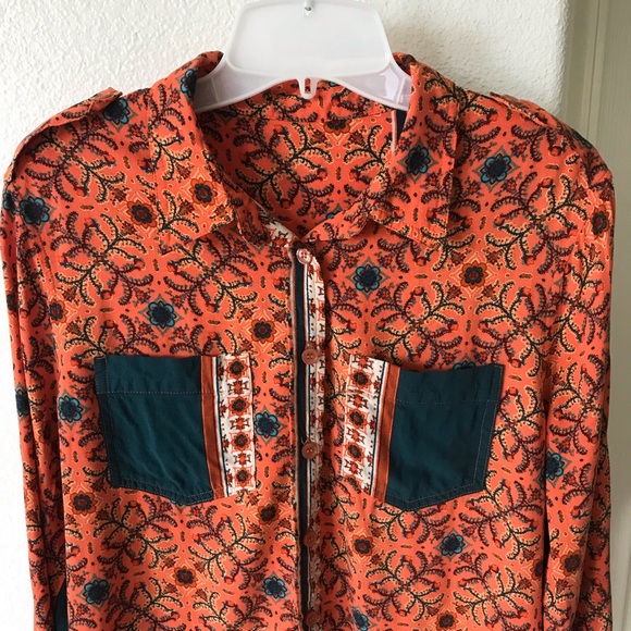 Vintage 70s Style Button Down Orange Long Sleeve - Picture 3 of 6